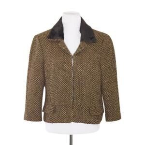 Club Monaco Cropped Tweed Faux Fur Collar Blazer Jacket Brown Size M
